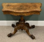 VICTORIAN BURR WALNUT FOLDOVER CARD TABLE, serpentine shaped top, twist opening action, interior