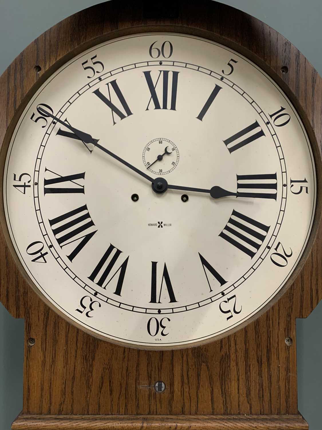 HOWARD MILLER REPRODUCTION OAK PENDULUM WALL CLOCK, circular dial, Roman numerals, subsidiary - Image 2 of 8