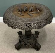INDO-BURMESE CARVED HARDWOOD TILT TOP TABLE, circular top, exotic animal and leaf detail, openwork