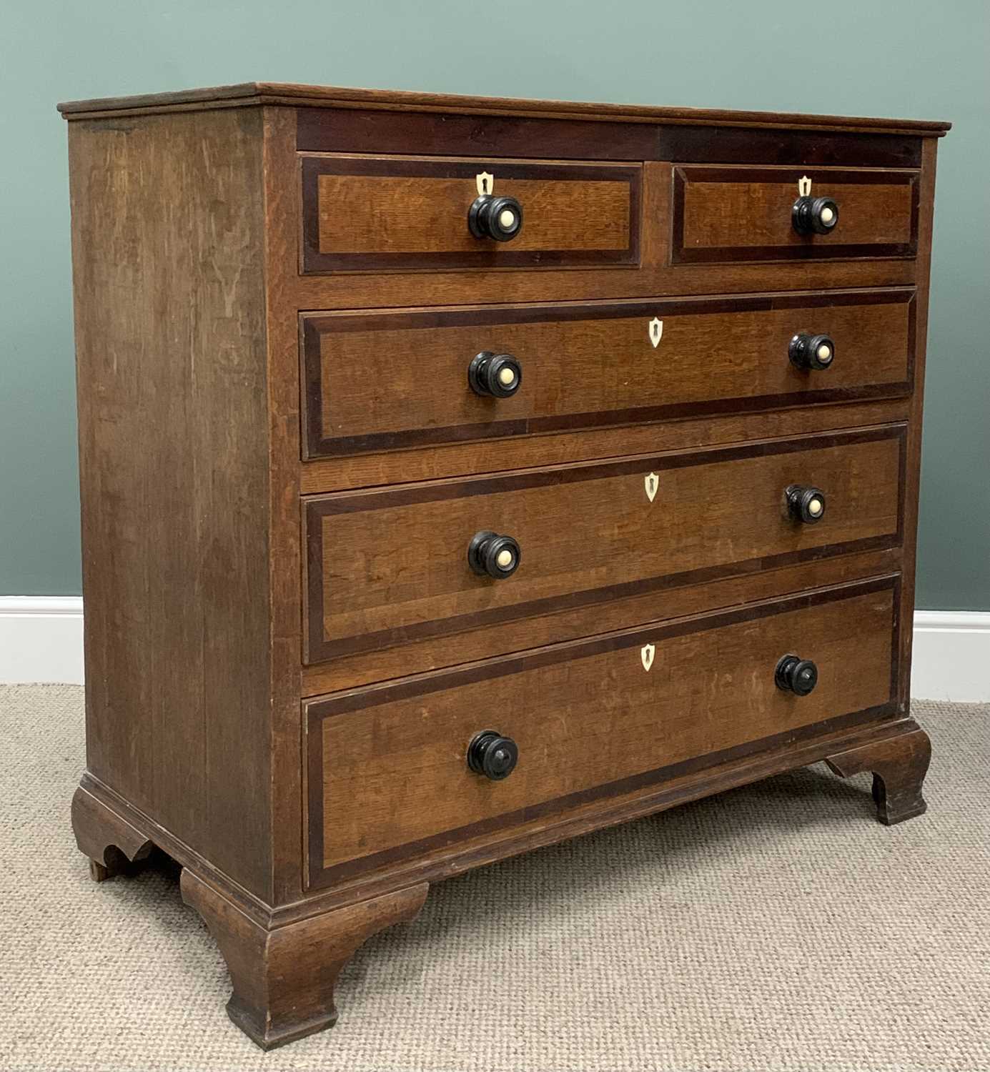 ANTIQUE OAK & CROSS BANDED MAHOGANY CHEST circa 1850, two short, three long pine lined drawers, - Image 6 of 6