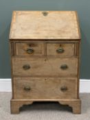 VINTAGE CROSSBANDED WALNUT AND OAK BUREAU, fall front, interior central cupboard, pigeonholes and