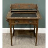 ARTS AND CRAFTS STYLE OAK DESK, book rack top with stylized pierced detail, inset writing surface to