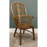 REPRODUCTION ASH WINSDOR ARMCHAIR, spindle hoop back, central wheel cut splat, curved arms and