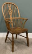 REPRODUCTION ASH WINSDOR ARMCHAIR, spindle hoop back, central wheel cut splat, curved arms and