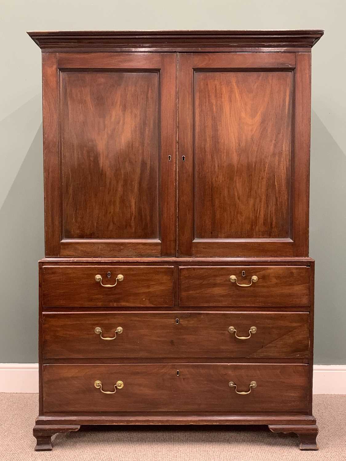 19TH CENTURY MAHOGANY PRESS CUPBOARD, moulded cornice, twin inset panel upper cupboard doors,