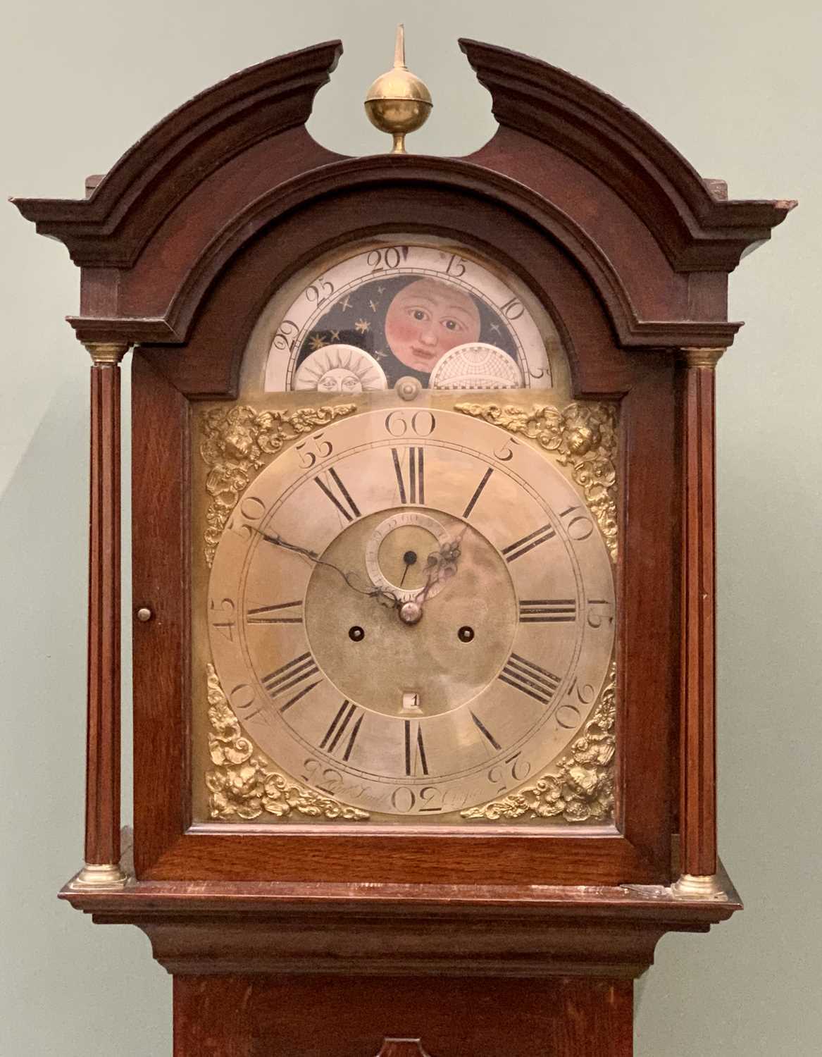 OAK LONGCASE CLOCK CIRCA 1830 by Gabriel Smith Chester, arched top moon phase dial, Roman