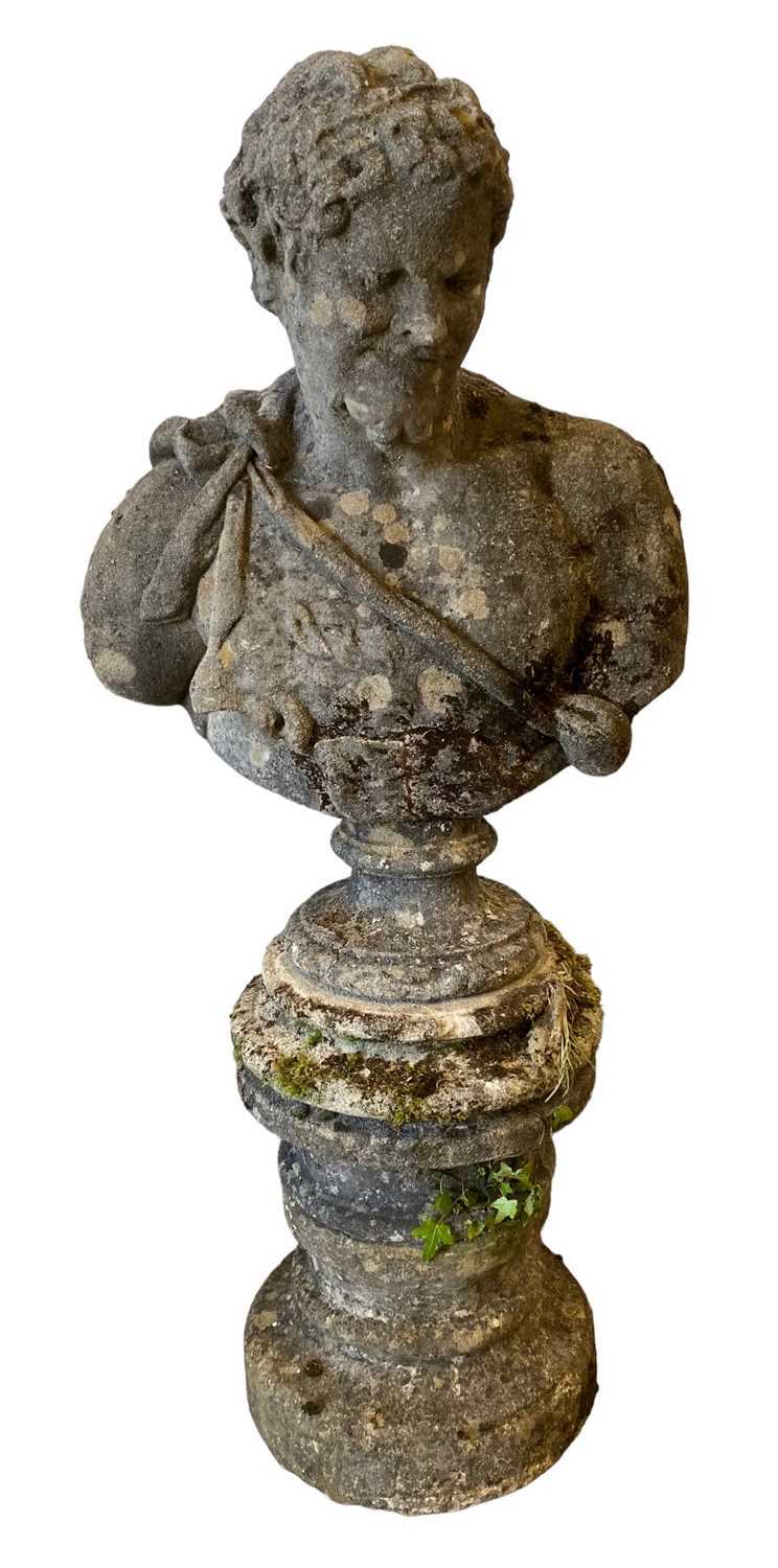 RE-CONSTITUTED STONE ORNAMENTAL GARDEN BUST - on a circular base, 155 (overall h) x 68 (shoulder