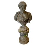 RE-CONSTITUTED STONE ORNAMENTAL GARDEN BUST - on a circular base, 155 (overall h) x 68 (shoulder