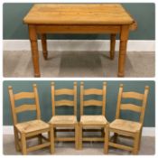 VINTAGE STRIPPED PINE KITCHEN TABLE & FOUR MODERN RUSH SEATED CHAIRS, single end drawer, 73.5 (h)