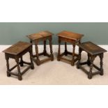 FOUR VINTAGE AND REPRODUCTION JOINT STOOLS, all oak, rectangular tops, carved and other frieze
