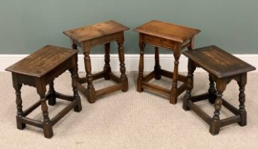FOUR VINTAGE AND REPRODUCTION JOINT STOOLS, all oak, rectangular tops, carved and other frieze