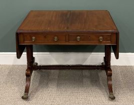 REGENCY STYLE MAHOGANY TWO DRAWER SOFA TABLE, twin flap, turned supports and cross stretcher, reeded