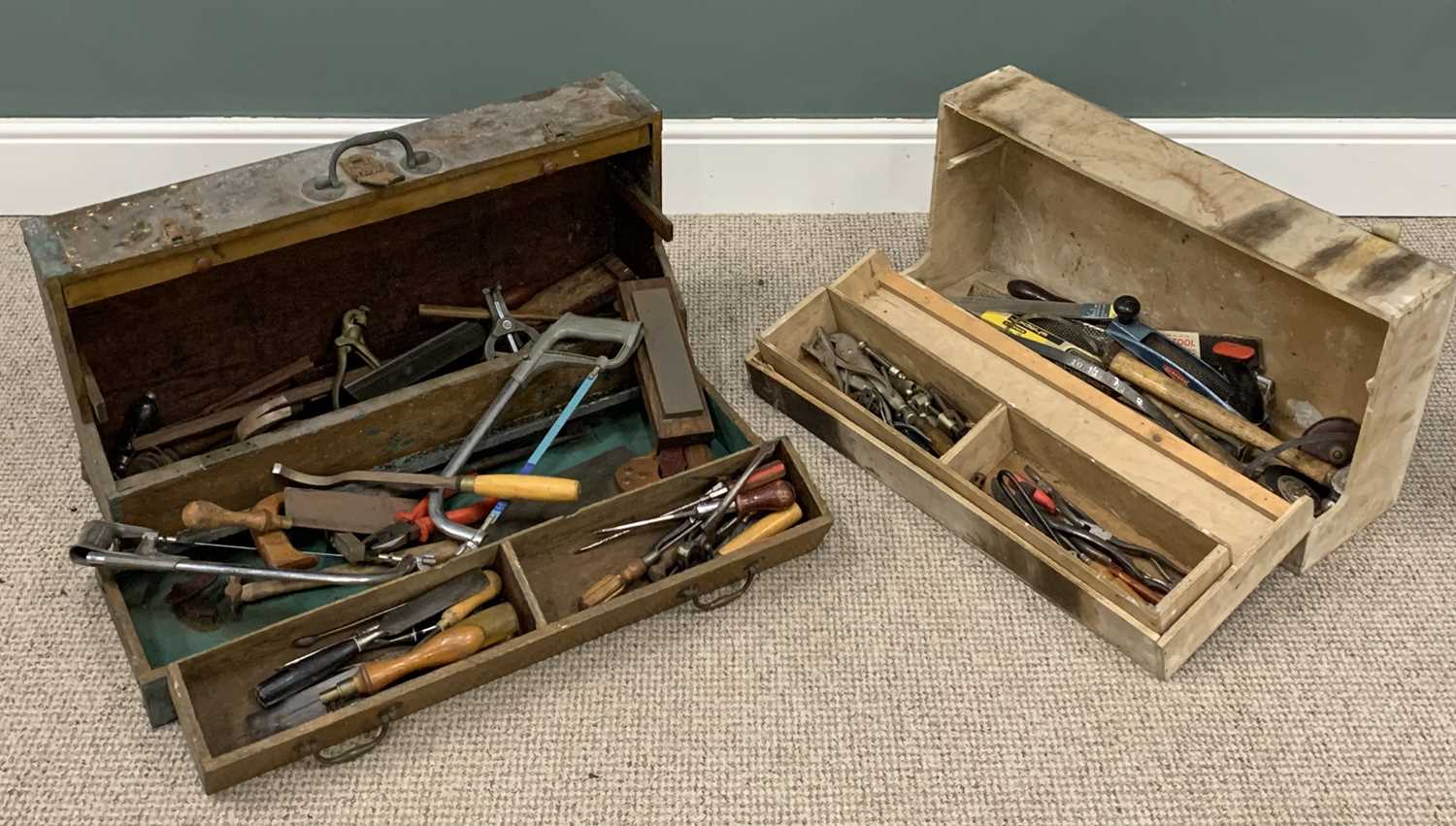 TWO VINTAGE TOOLBOXES AND CONTENTS, drop-drown fronts, 39 (h) x 80 (w) x 29cms (d) the largest