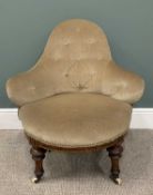 VICTORIAN WALNUT FRAMED CORNER TYPE SALON CHAIR, shaped button upholstered back, round seat,
