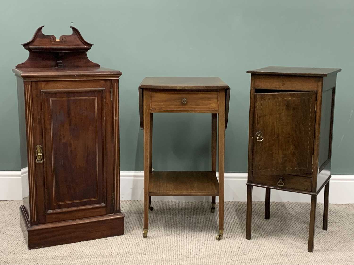 THREE INLAID MAHOGANY OCCASIONAL FURNITURE ITEMS, comprising Victorian mahogany pot cupboard, shaped