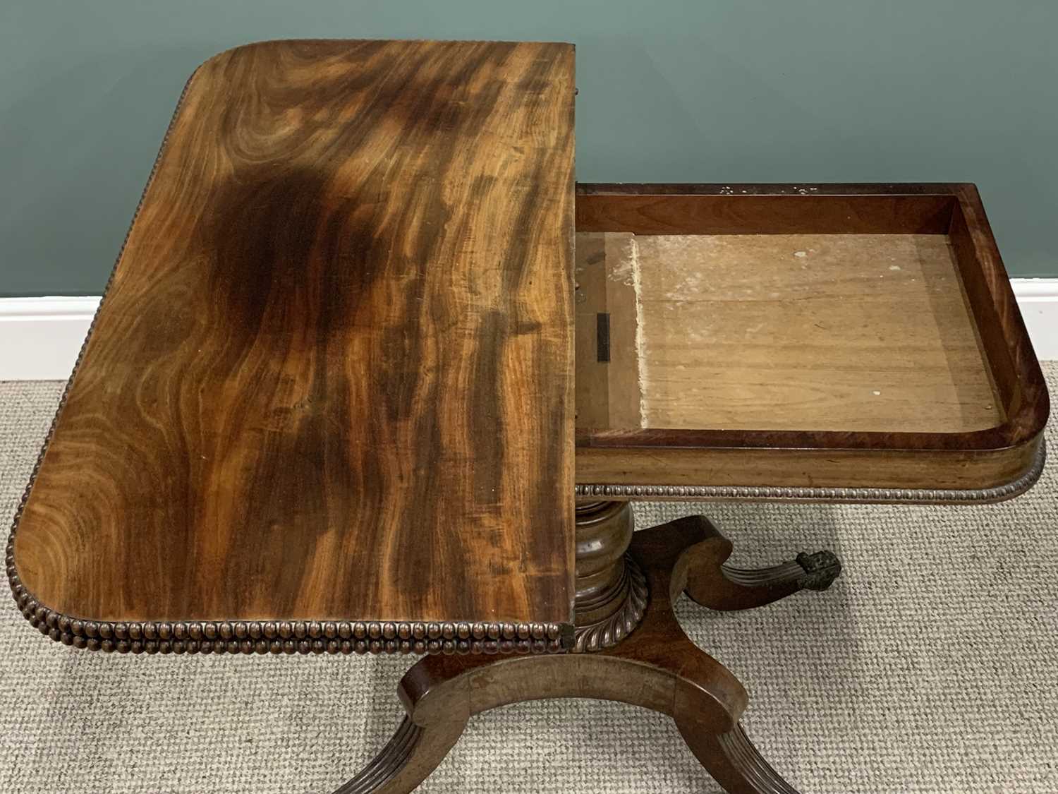 GEORGE IV MAHOGANY FOLD OVER TEA TABLE, swivel action fold over beaded edge top, substantial - Image 3 of 5