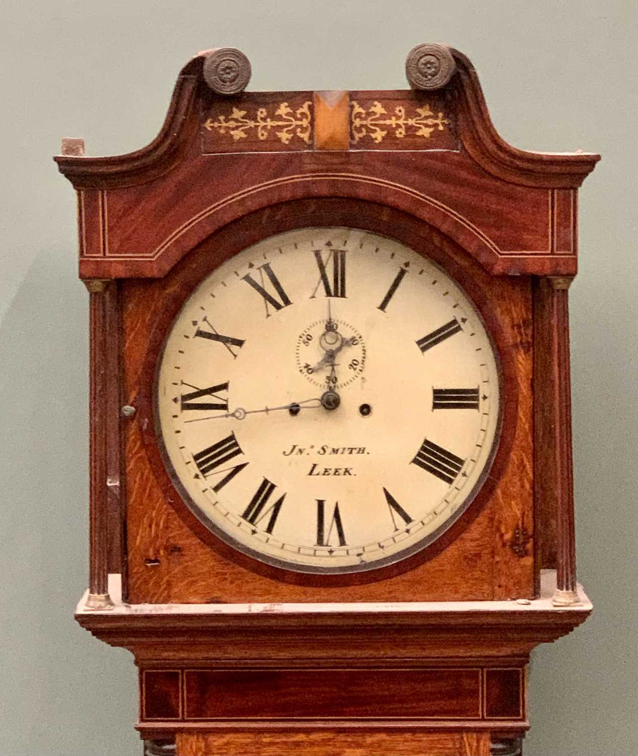 LONGCASE CLOCK CIRCA 1830, oak and mahogany, enamelled dial by J N Smith, Leek, Roman numerals,