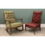TWO ANTIQUE BUTTON BACK UPHOLSTERED CHAIRS, comprising a Regency mahogany rocker, later re-