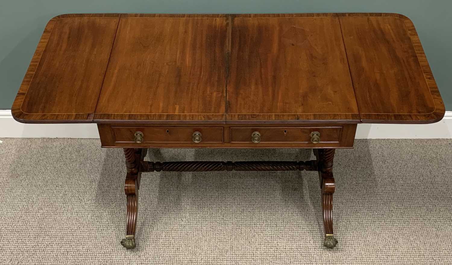 REGENCY STYLE MAHOGANY TWO DRAWER SOFA TABLE, twin flap, turned supports and cross stretcher, reeded - Image 2 of 5