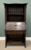 ARTS AND CRAFTS STYLE OAK BUREAU BOOKCASE, shaped top, ring detail front uprights, upper and lower