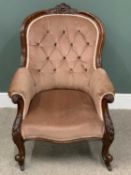 VICTORIAN MAHOGANY BUTTON BACK UPHOLSTERED SALON ARMCHAIR, carved to the crest rail, carved-