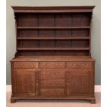 NORTH WALES OAK DRESSER, circa 1840, shape sided plate rack, wide backboards, three shelves, panel