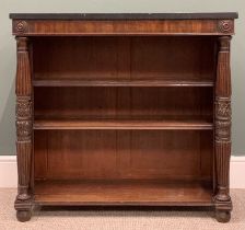 REGENCY MAHOGANY MARBLE TOP BOOKCASE, reeded and carved front pillar detail, rectangular black