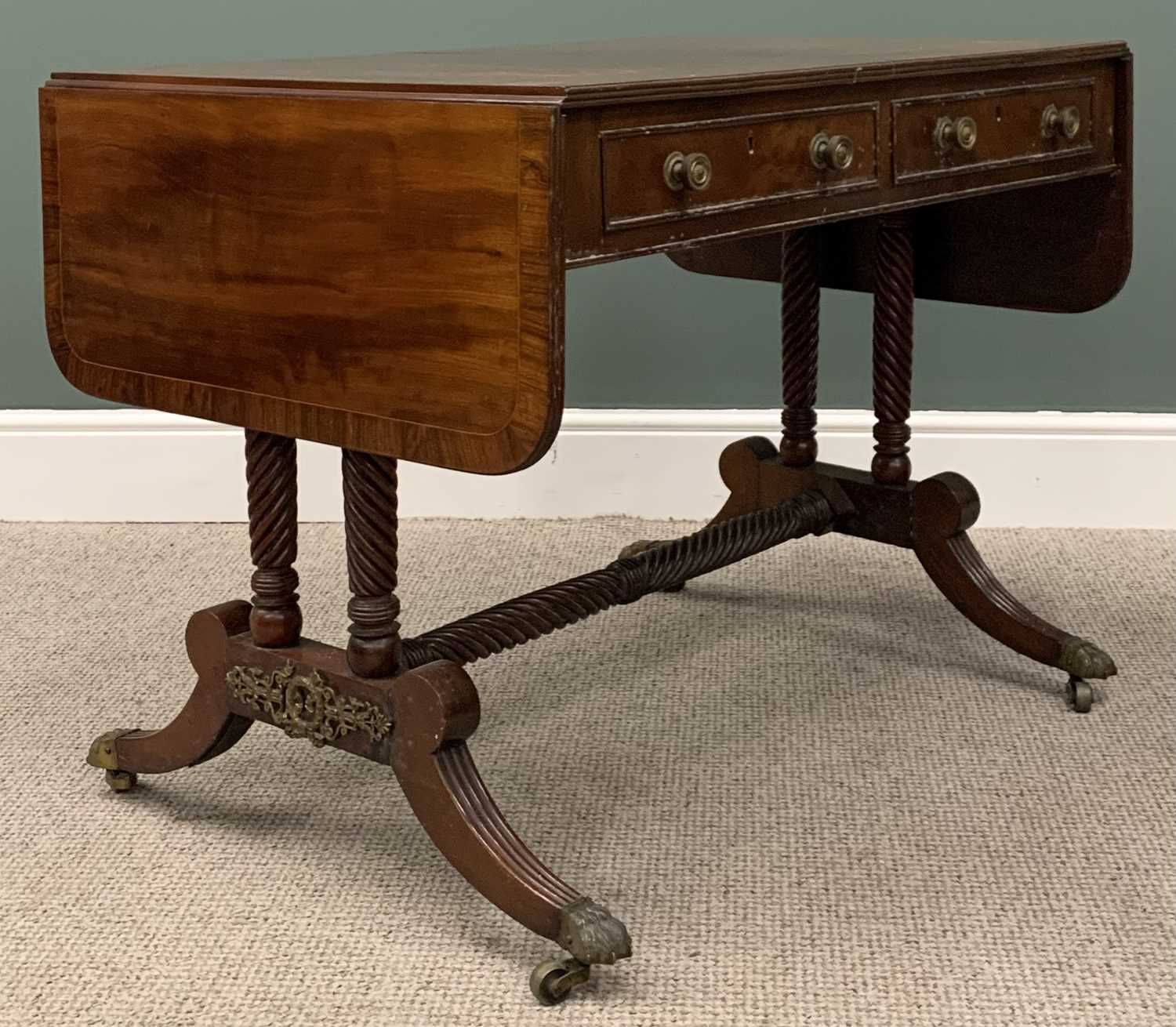 REGENCY STYLE MAHOGANY TWO DRAWER SOFA TABLE, twin flap, turned supports and cross stretcher, reeded - Image 5 of 5