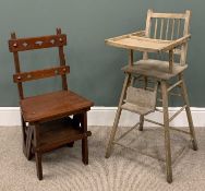 EDWARDIAN MAHOGANY METAMORPHIC CHAIR/LIBRARY STEPS & A CHILDS VINTAGE HIGHCHAIR, pierced and