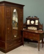 EDWARDIAN INLAID MAHOGANY BEDROOM FURNITURE PARCEL, comprising single door wardrobe with lower