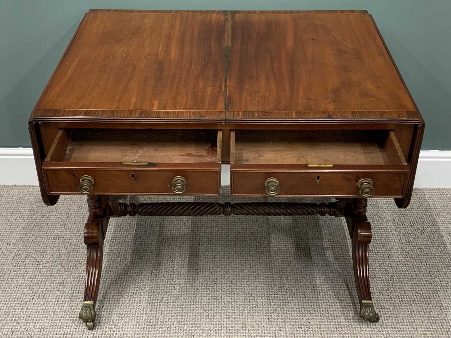 REGENCY STYLE MAHOGANY TWO DRAWER SOFA TABLE, twin flap, turned supports and cross stretcher, reeded - Image 3 of 5