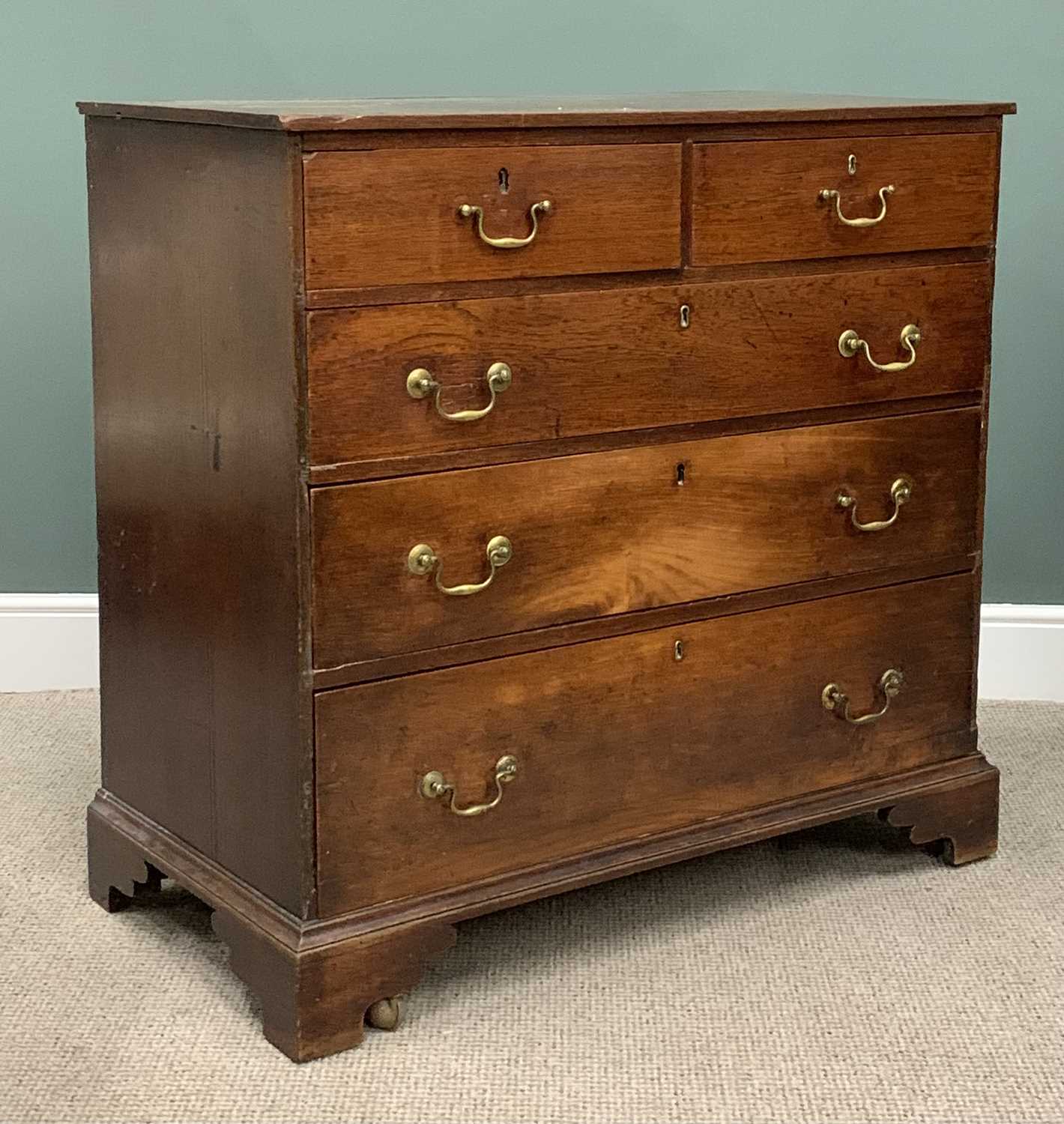 GEORGE IV OAK CHEST, two short, three long pine lined drawers, replacement brass pommels, swan - Image 4 of 5