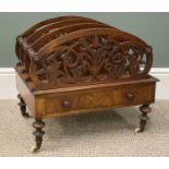 VICTORIAN MAHOGANY CANTERBURY, four section fretwork and turned dividers, single lower drawer,