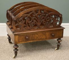 VICTORIAN MAHOGANY CANTERBURY, four section fretwork and turned dividers, single lower drawer,