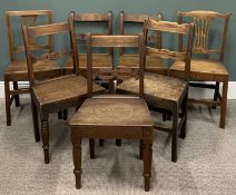 HARLEQUIN GROUP OF SEVEN ANTIQUE OAK FARMHOUSE CHAIRS, various designs to the backs, all have