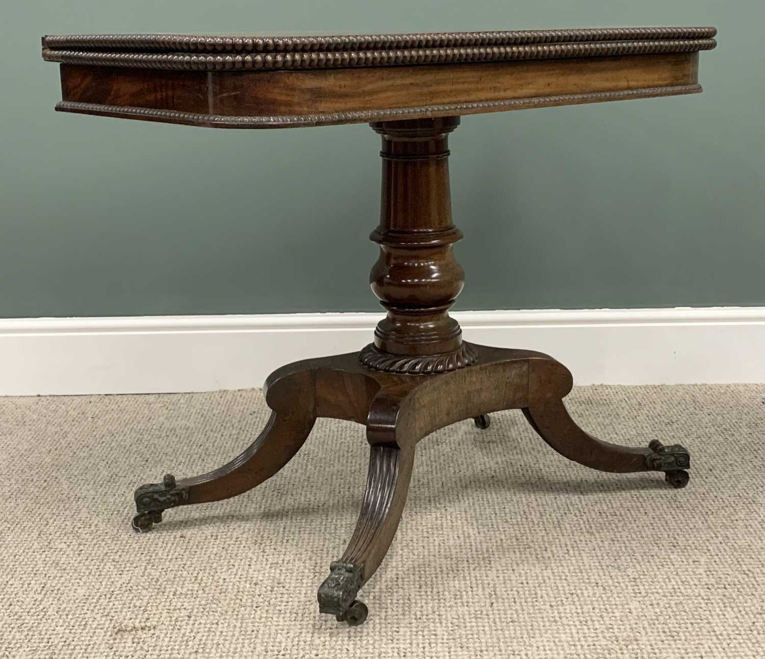 GEORGE IV MAHOGANY FOLD OVER TEA TABLE, swivel action fold over beaded edge top, substantial - Image 5 of 5
