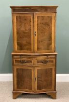 REPRODUCTION BURR WALNUT FRONT COCKTAIL CABINET, serpentine front, twin upper doors, interior