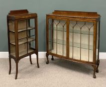 TWO VINTAGE CHINA DISPLAY CABINETS, inlaid mahogany single door, fabric covered interior shelves,