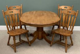 REPRODUCTION OAK EFFECT DINING TABLE & FOUR FARMHOUSE CHAIRS, substantial segmented and turned