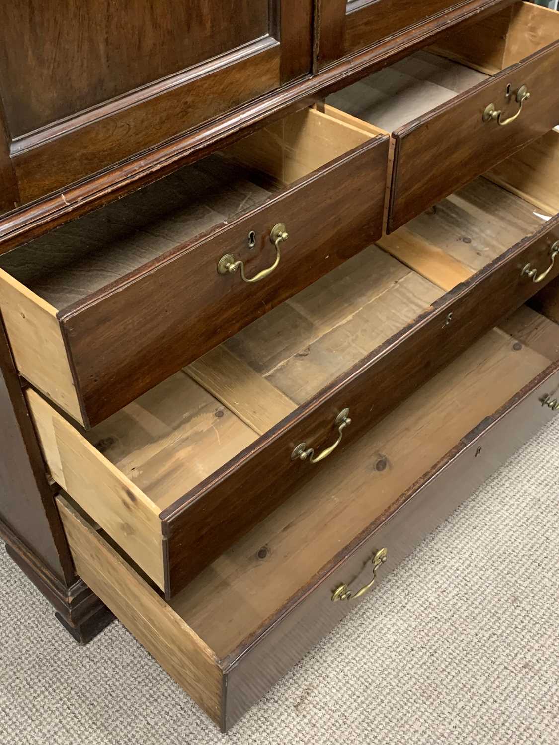 19TH CENTURY MAHOGANY PRESS CUPBOARD, moulded cornice, twin inset panel upper cupboard doors, - Image 2 of 5