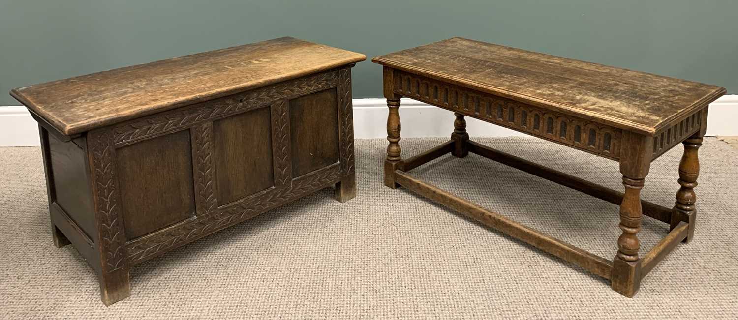 TWO ITEMS REPRODUCTION OAK FURNITURE, comprising lidded blanket chest, carved detail, three panel