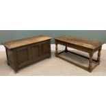 TWO ITEMS REPRODUCTION OAK FURNITURE, comprising lidded blanket chest, carved detail, three panel