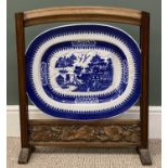 UNUSUAL OAK FRAMED FIRE SCREEN & AN INLAID MAHOGANY OVERMANTLE MIRROR, the fire screen with carved