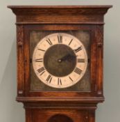 OAK LONG CASE CLOCK, circa 1930, 10.5in square brass dial, silvered chapter ring, Roman numerals,