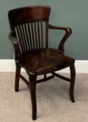 VINTAGE OFFICE ARMCHAIR, slightly curved spindle back, swept arms, solid seat, cabriole supports,