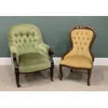 TWO VINTAGE AND LATER BUTTON BACK UPHOLSTERED CHAIRS, comprising a Victorian mahogany frame