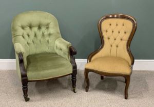 TWO VINTAGE AND LATER BUTTON BACK UPHOLSTERED CHAIRS, comprising a Victorian mahogany frame