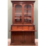 VICTORIAN MAHOGANY SECRETAIRE BOOKCASE, twin arched top glazed upper doors, interior adjustable