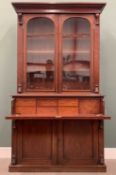 VICTORIAN MAHOGANY SECRETAIRE BOOKCASE, twin arched top glazed upper doors, interior adjustable