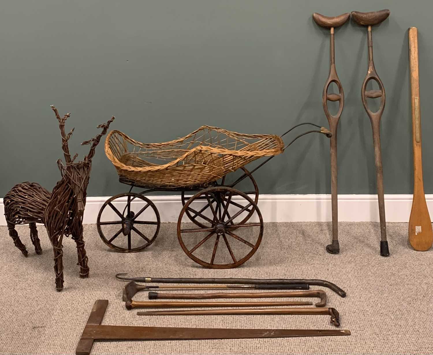 VINTAGE COLLECTABLES PARCEL, to include a wickerwork and iron pram, 66 (h) x 120 (l) x 53cms (w),